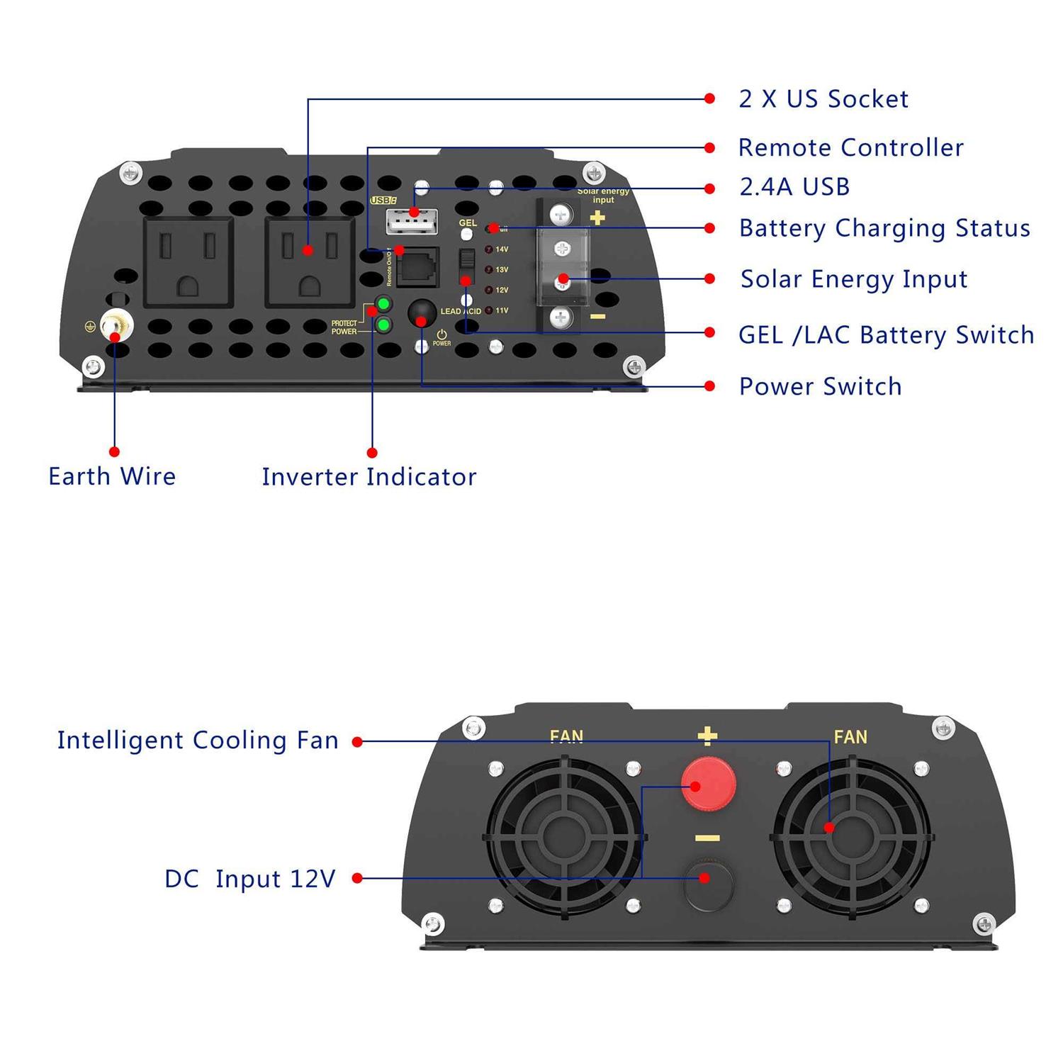 Rv Truck Solar System with 1200Watt Power Inverter 12V Dc to 110V 120V AC