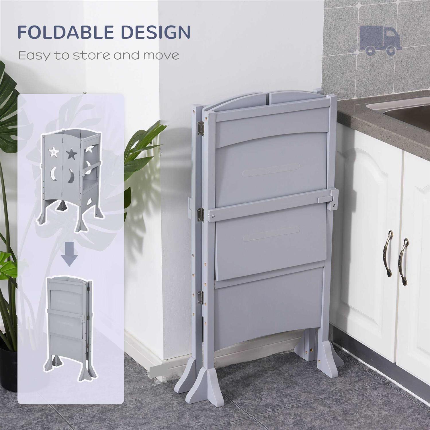 Qaba Kitchen Step Stool For Kids Wooden Foldable Helper Bathroom Stool For Toddlers With Support Handles Safety Rail