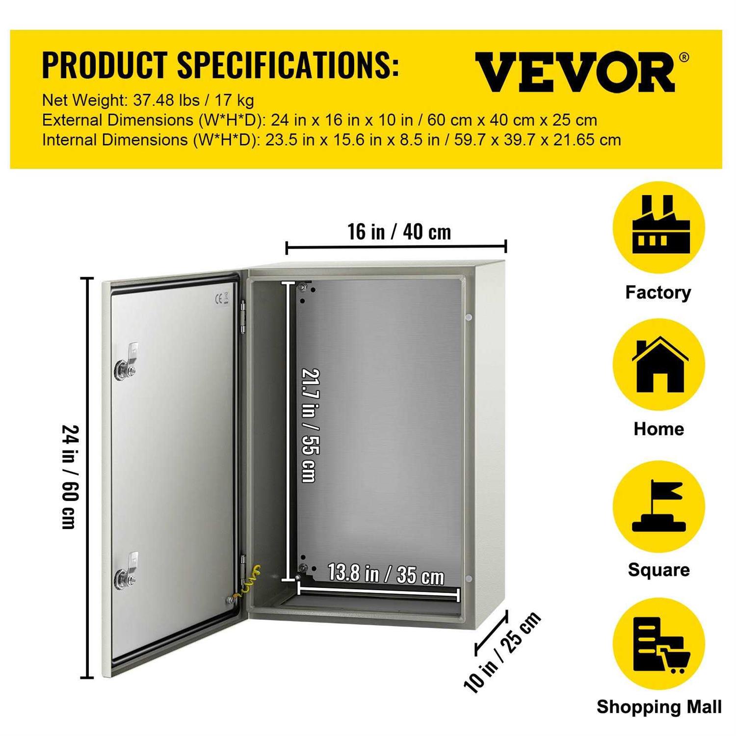 VEVOR Nema Steel Enclosure 24 x 16 x 10'' Nema 4X Steel Electrical Box IP66 Waterproof & Dustproof Outdoor/Indoor Electrical Junction Box DQXJSTCFS60X40X25V0