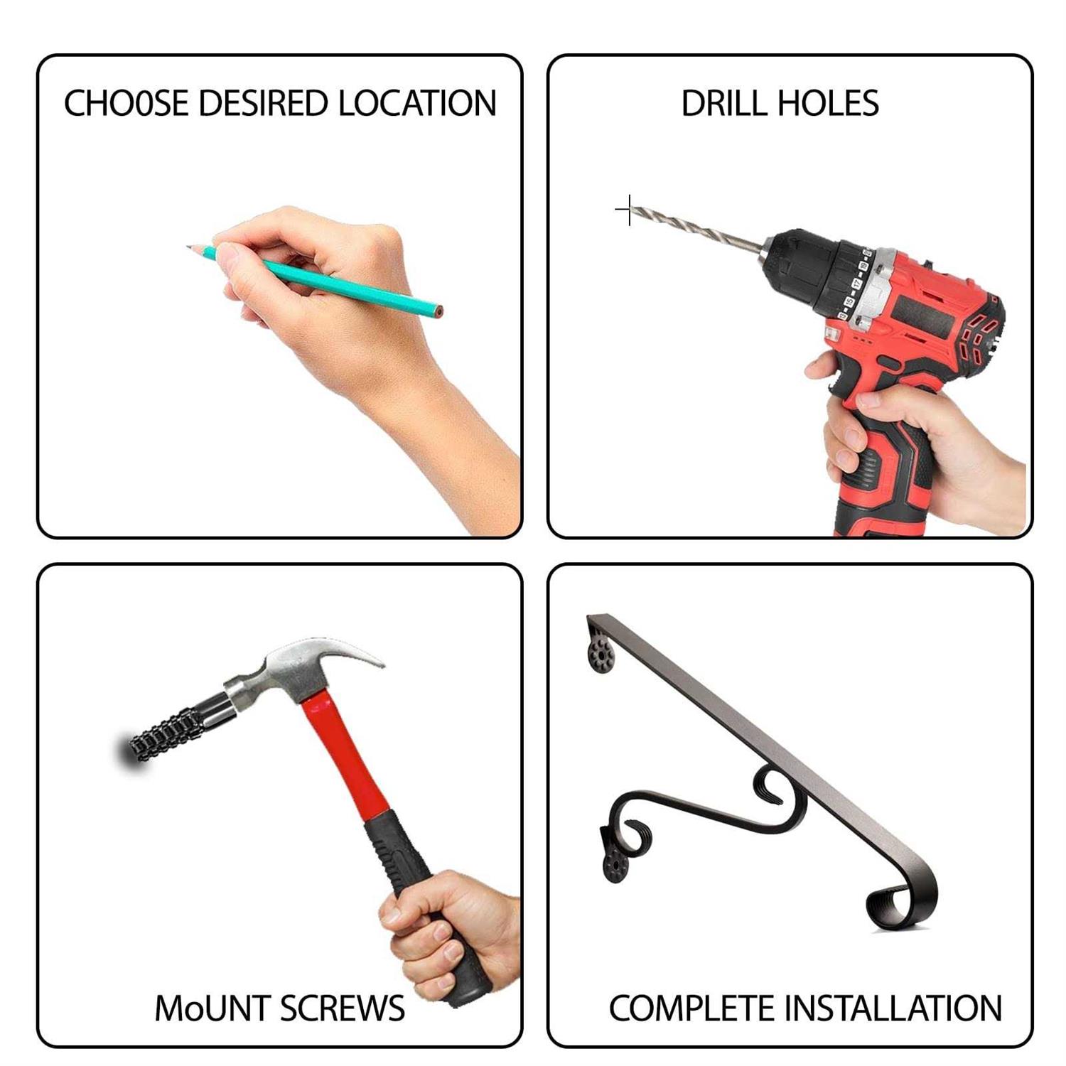 Eachome Wrought Iron Handrail Wall Mounted Hand Railing Fit for 1-2 Steps for Outdoor Porch Steps