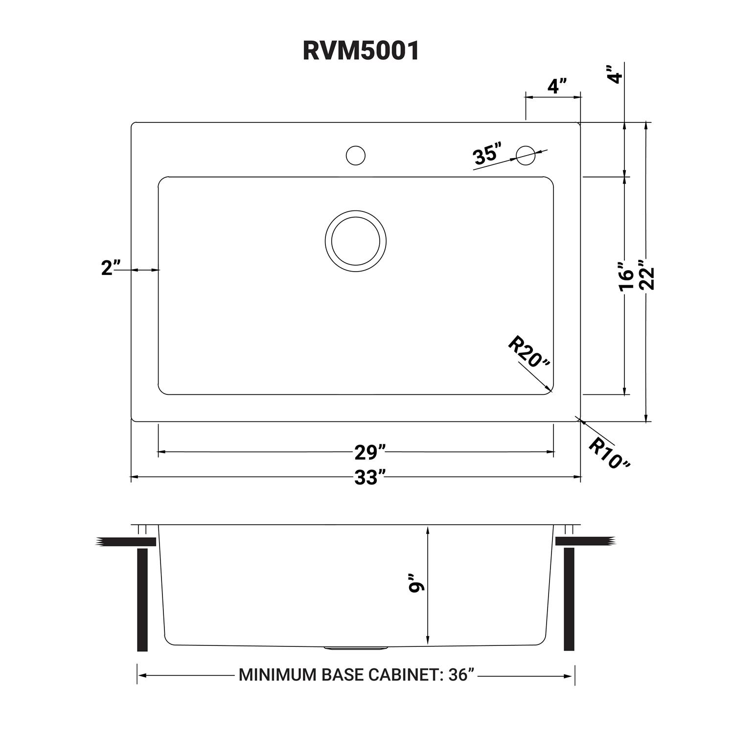 Ruvati 33 x 22 inch Drop-in Topmount Kitchen Sink 16 Gauge Stainless Steel Single Bowl RVM5001