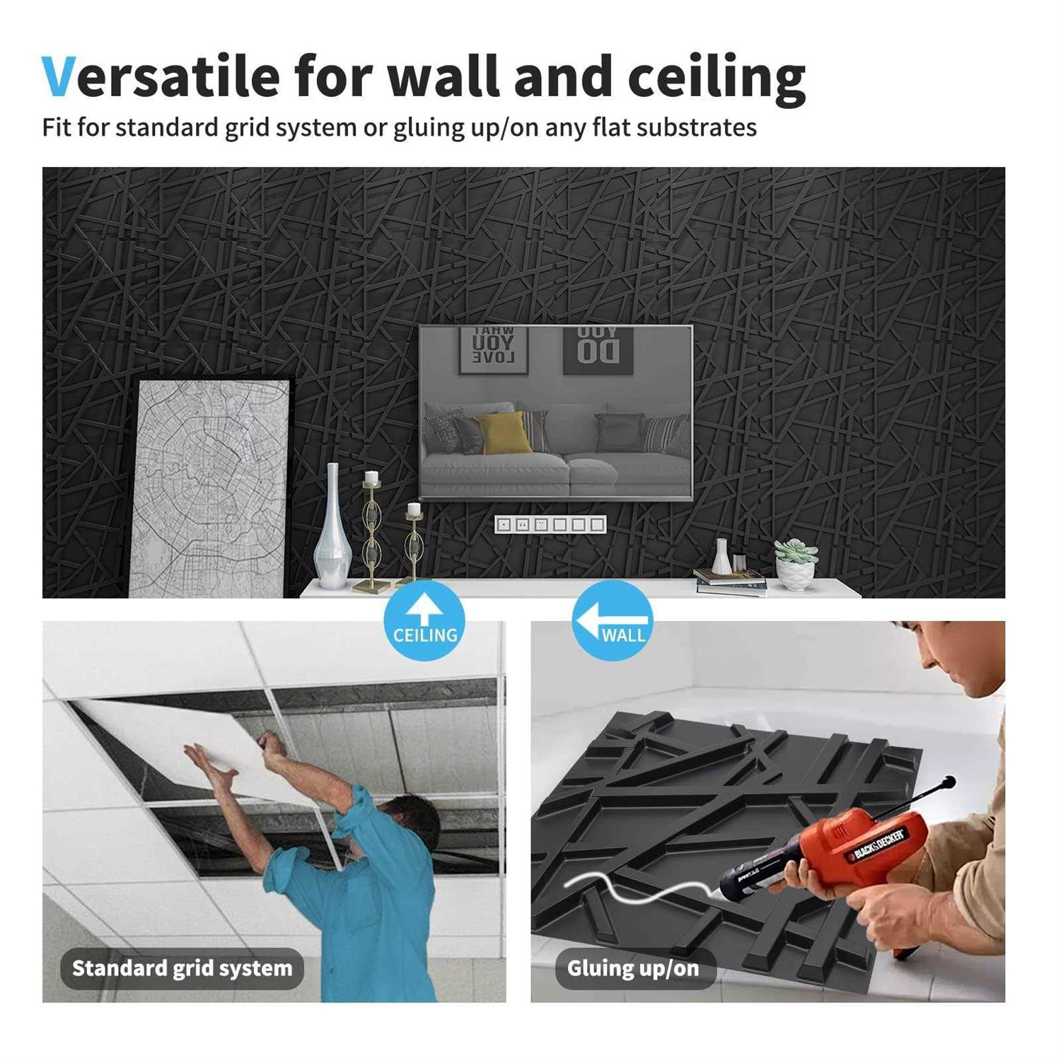 Art3d Pvc Decorative Textures Black 3d Wall Panels for Interior Wall Décor