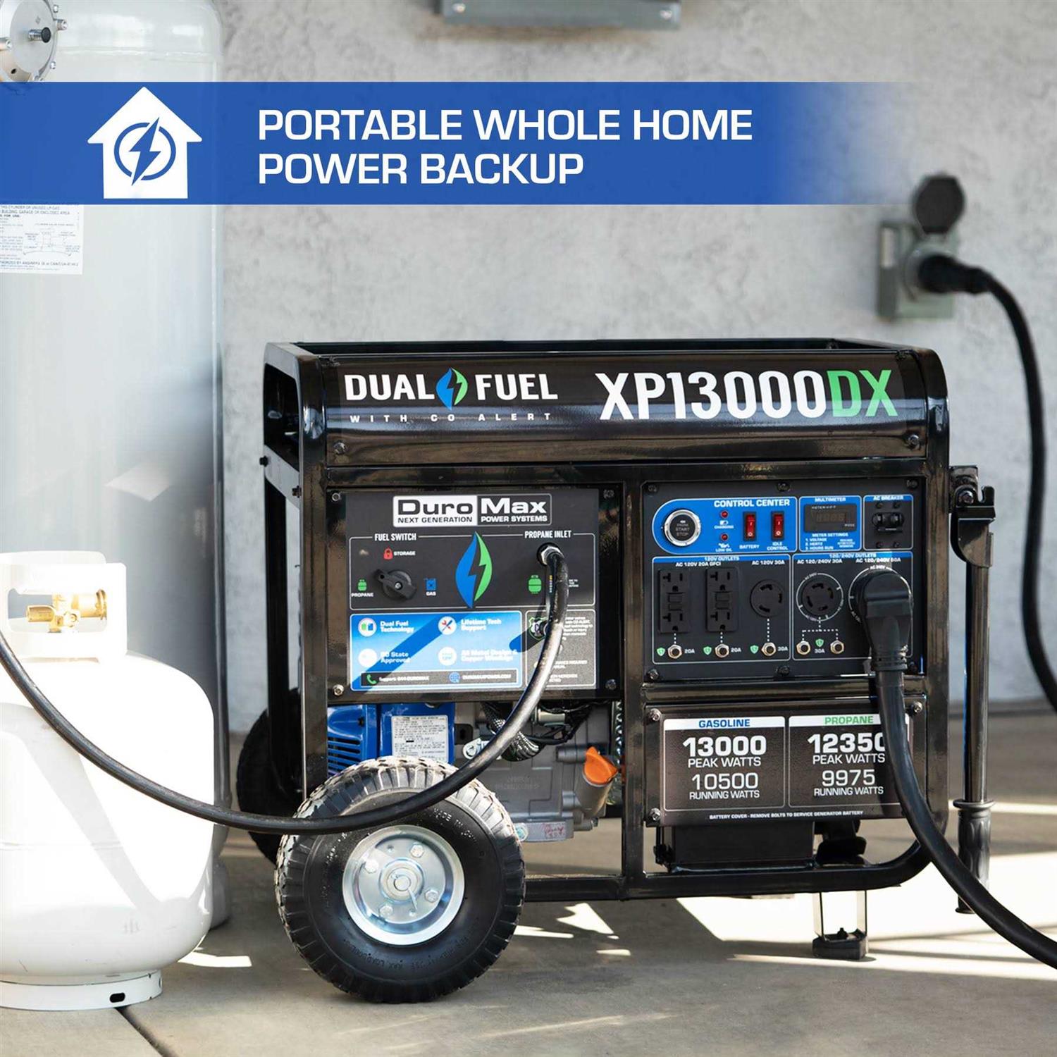DuroMax XP13000DX 13,000-Watt/10,500-Watt 500cc Portable Dual Fuel Portable Generator w/CO Alert