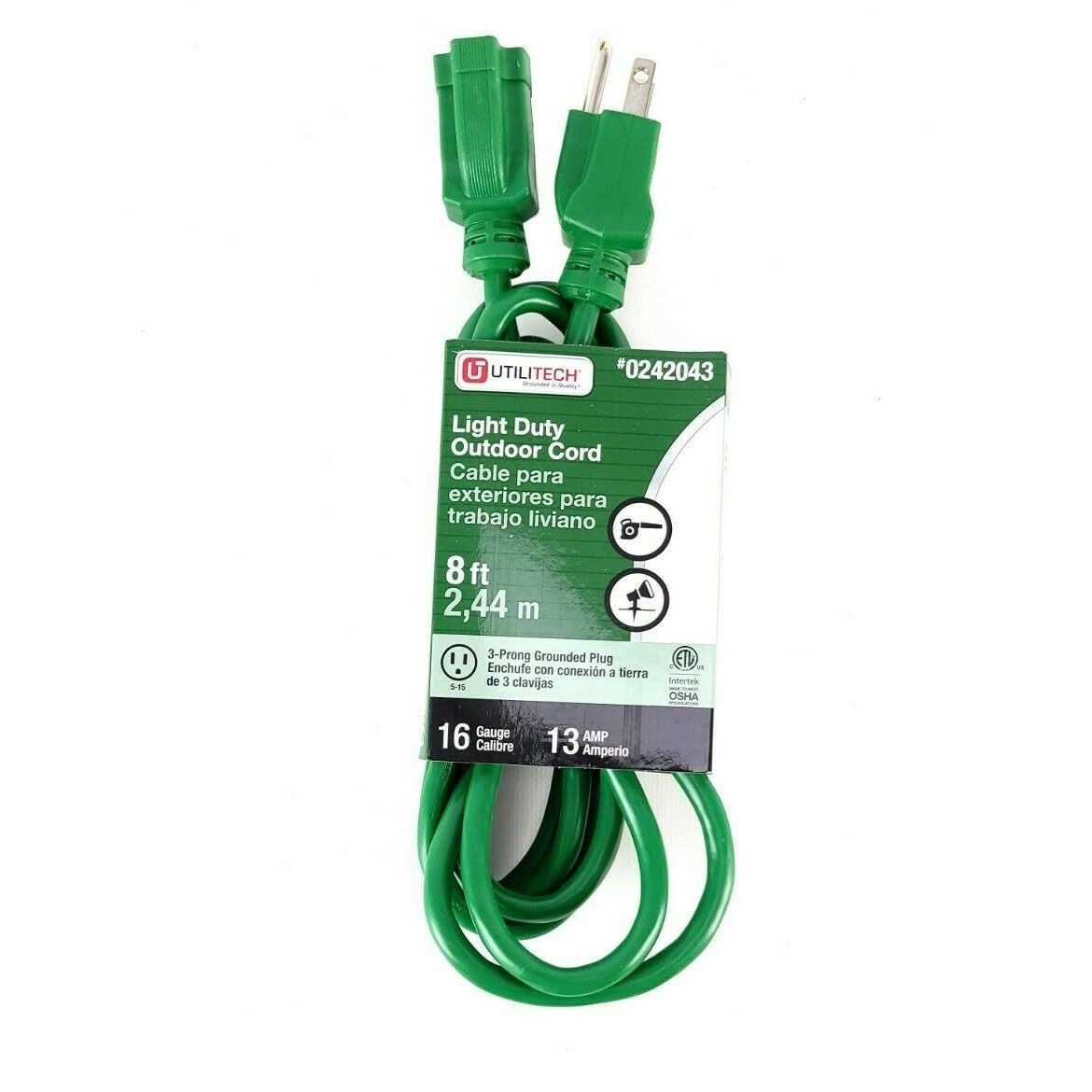 Utilitech 8 ft 3-Prong Outdoor Light Duty General Extension Cord 16g 13amp New UT880608