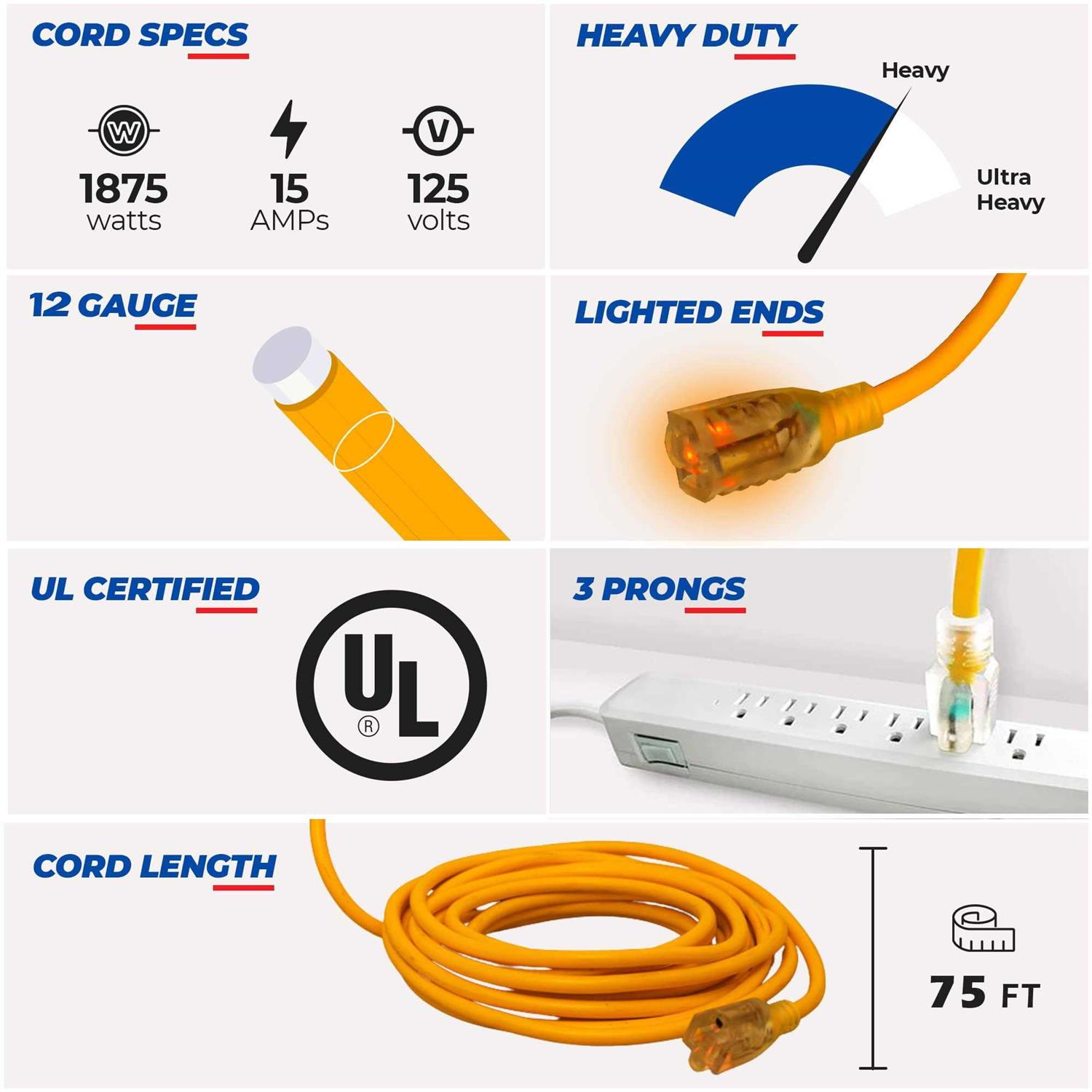 LifeSupplyUSA 75-ft 12 / 3-Prong Indoor/Outdoor SJTW Heavy Duty Lighted Extension Cord