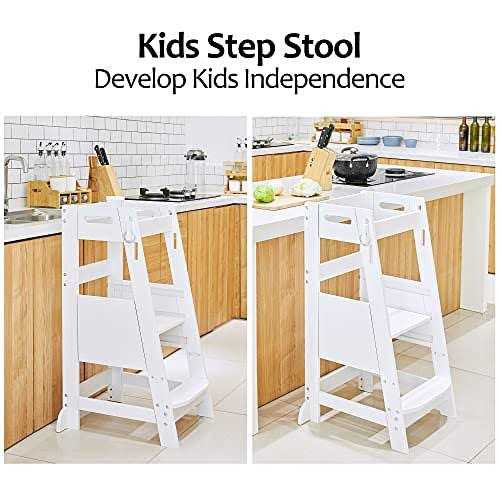 Toetol Bamboo Toddler Kitchen Step Stool Helper Standing Tower Height Adjustable with Anti-Slip Protection