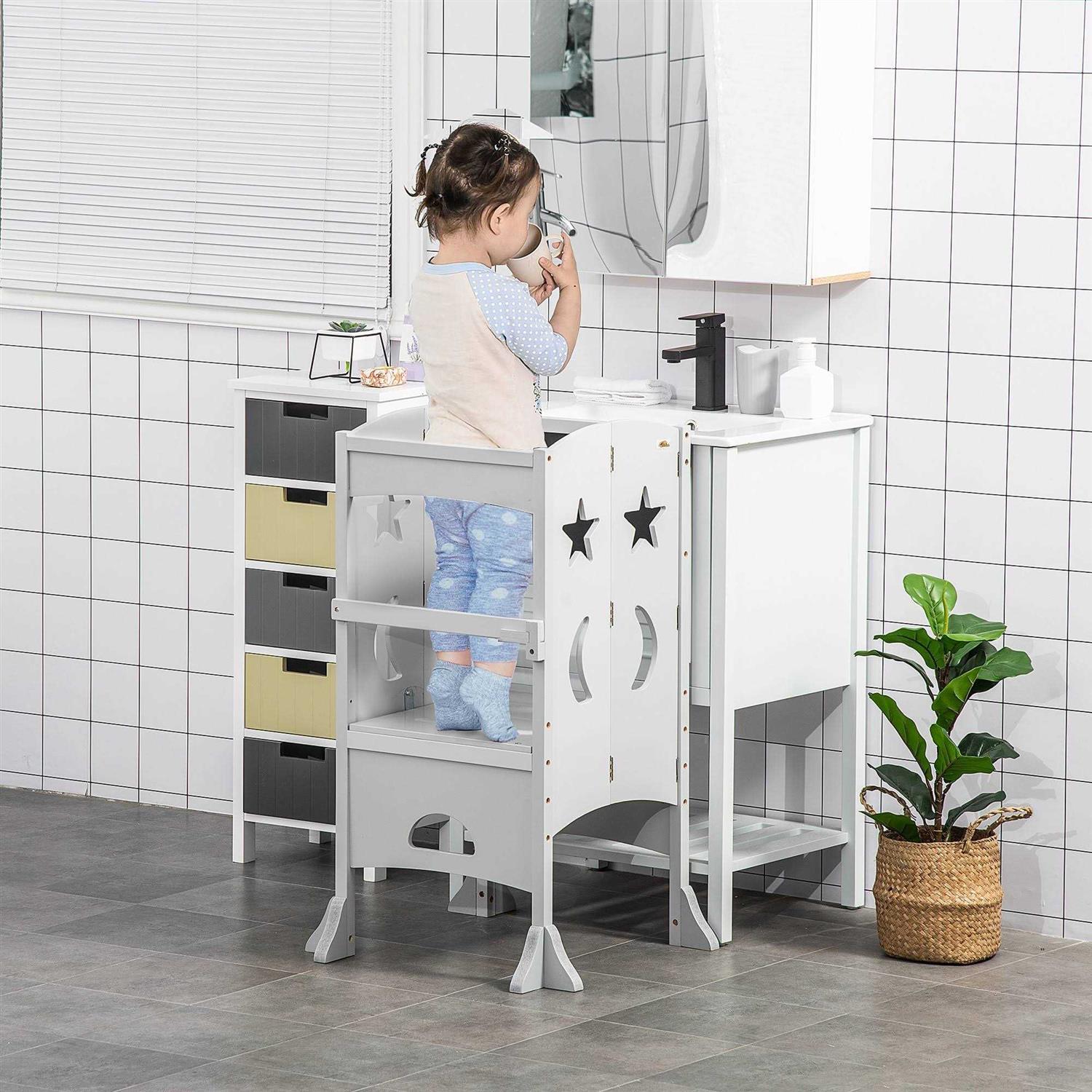 Qaba Kids Kitchen Step Stool Foldable Child Standing Tower with Chalkboard. Lockable Handrail for Children 3-6 Years Old