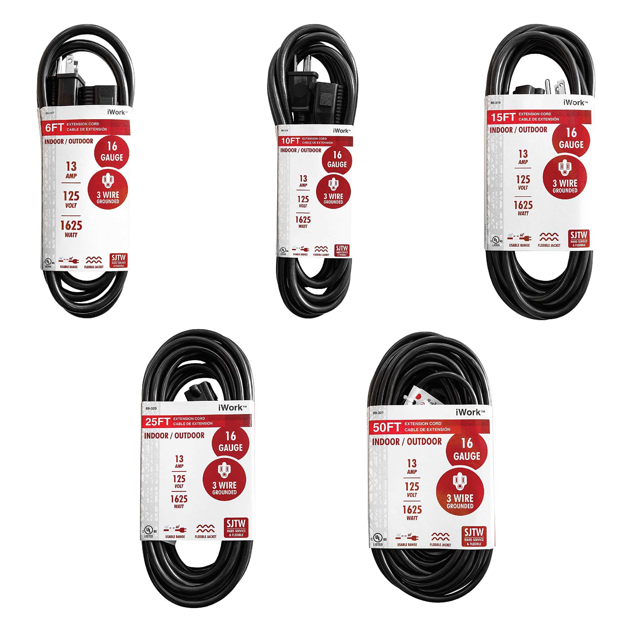 iWork Black Extension Cord 3 Prong, Weather-Resistant 16/3 SJTW, 1625 Watt, 13 AMP Rating with UL Listed for Indoor and Outdoor Uses