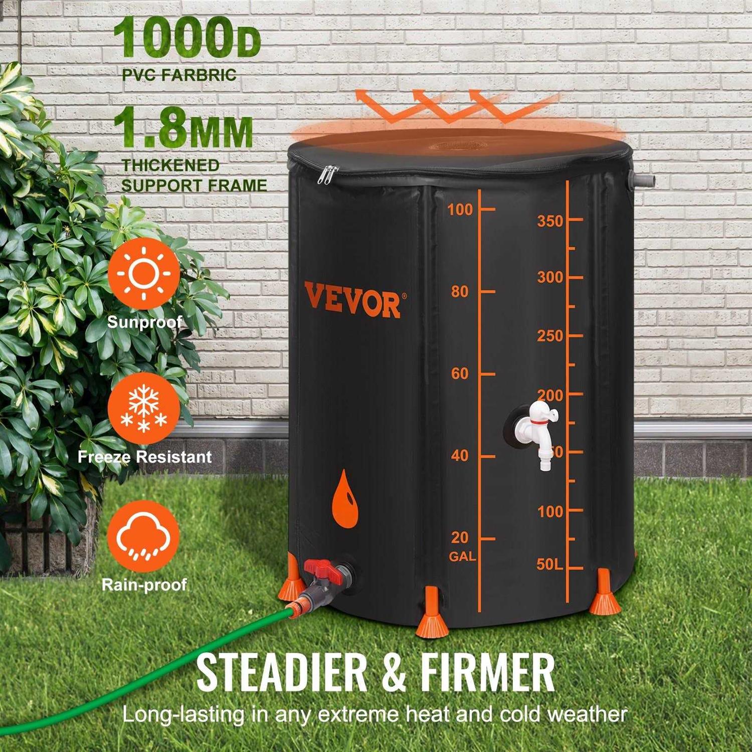 VEVOR Collapsible Rain Barrel, 100 Gallon Large Capacity, PVC Rainwater Collection System Including Spigots and Overflow Kit