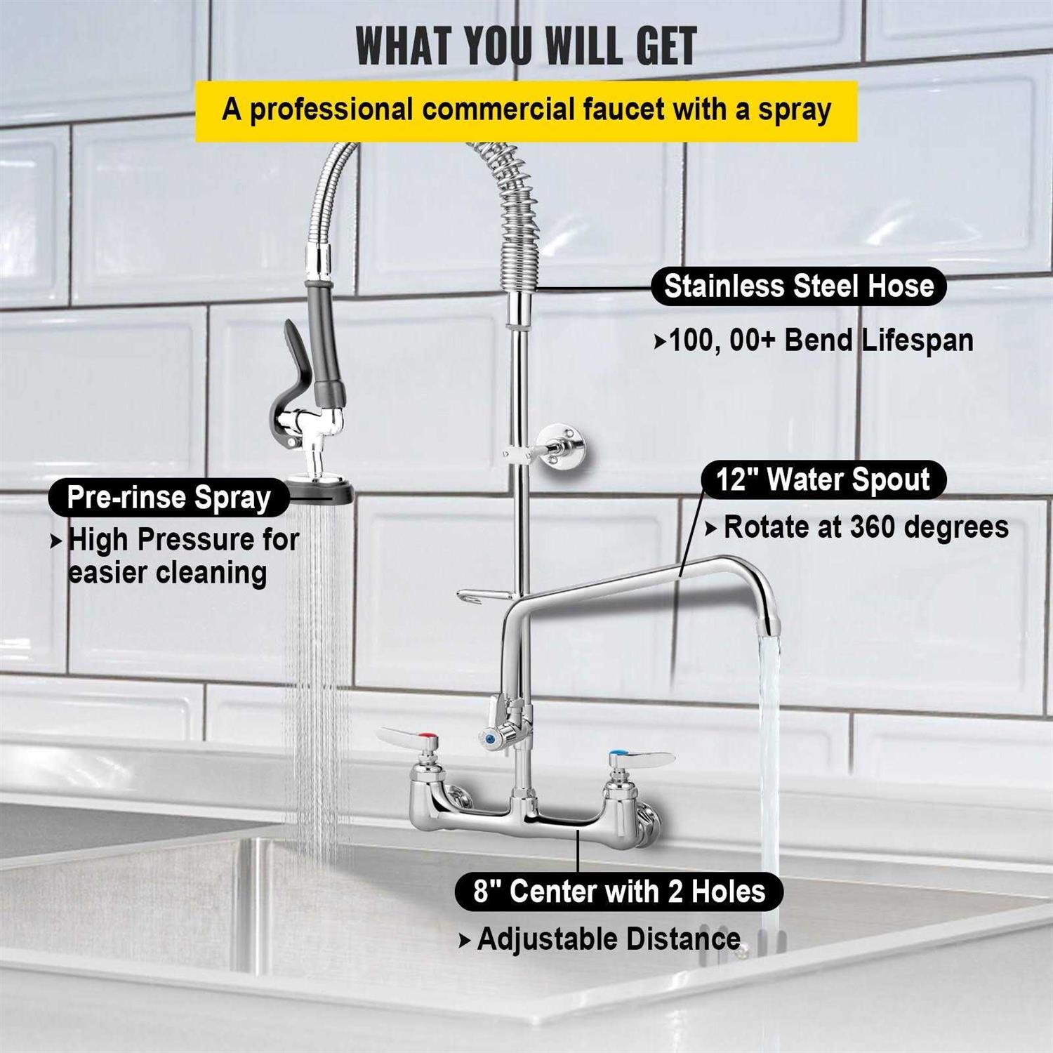 VEVOR Commercial Faucet with Pre-rinse Sprayer Adjustable Center Wall Mount Kitchen Faucet with 12 Swivel Spout QSYCKJJH84712GYNZV0