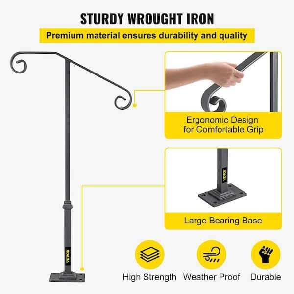 VEVOR Single Post Wrought Iron Handrail Fit 1 or 2 Steps Outdoor Stair Railing Handrails for Outdoor Steps LTFSSHSDDZJSFS001V0