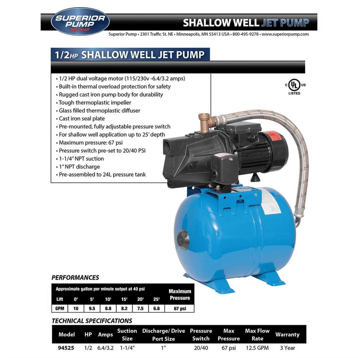 Superior Pump 1/2 HP Shallow Well Jet Tank System 94525