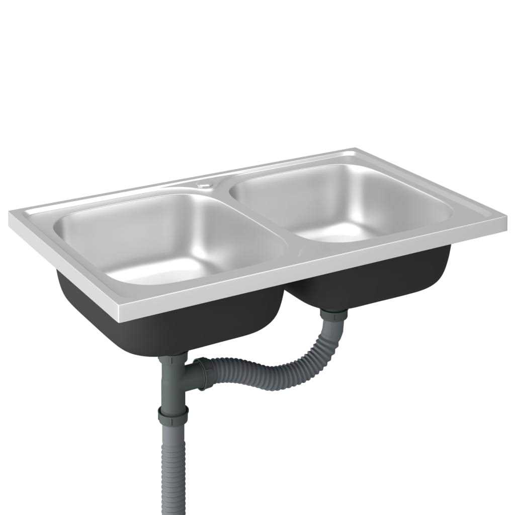 vidaXL Kitchen Sink with Double Sinks Silver Stainless Steel