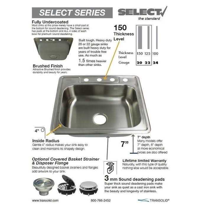 Transolid Select 25-in 22 Gauge Drop-in Single Bowl Kitchen Sink