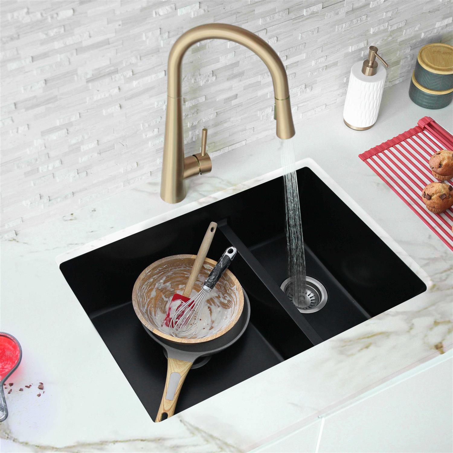 Stylish 27 inch Dual Mount 60/40 Double Bowl Composite Granite Kitchen Sink with Strainer