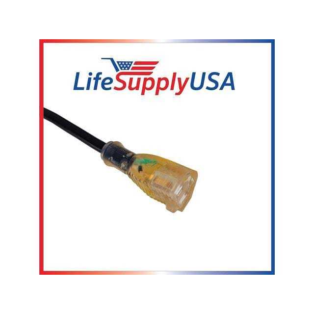 LifeSupplyUSA SJTW 15 Amp 125 Volt 1875 Watt Lighted End Indoor/Outdoor Black Heavy Duty Extension Cord