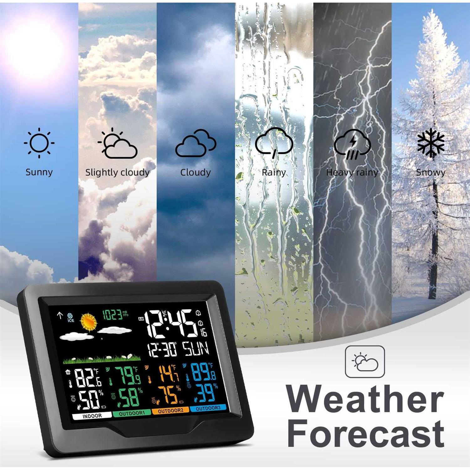 Weather Stations Wireless Indoor Outdoor Thermometers Color Display Digital Atomic Clocks with Indoor Outdoor Temperature