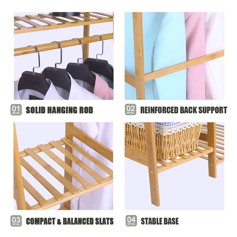 None Brown Bamboo Garment Clothes Rack 31.7 in. W x 55.1 in. H
