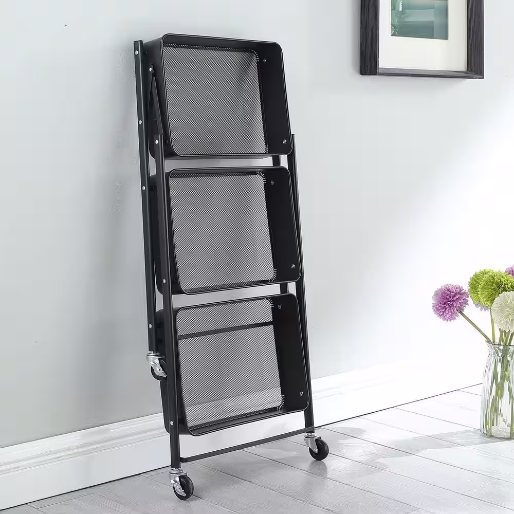 None 31.5 in. Black Metal -3 Tier Flodable shelving unit with four scroll wheel