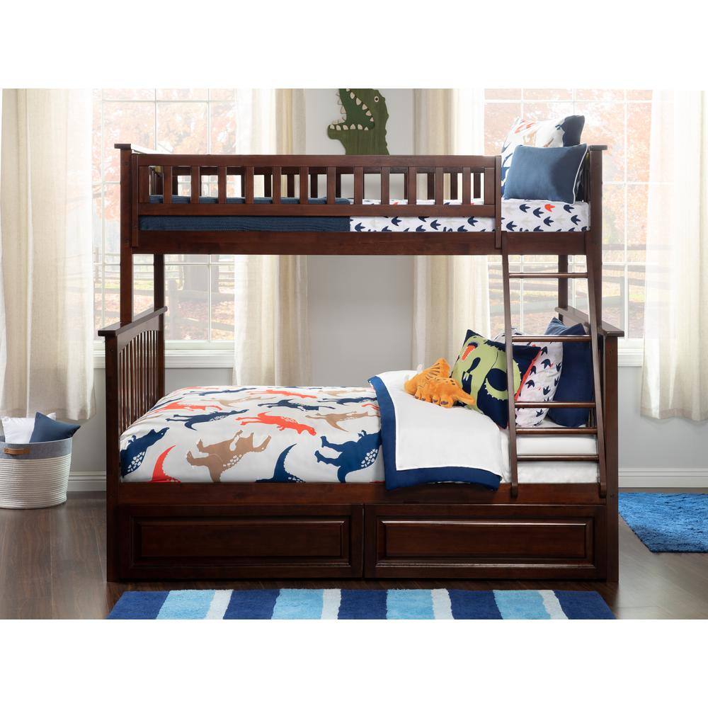 AFI Columbia Bunk Bed Twin over Full with 2 Raised Panel Bed Drawers in Walnut