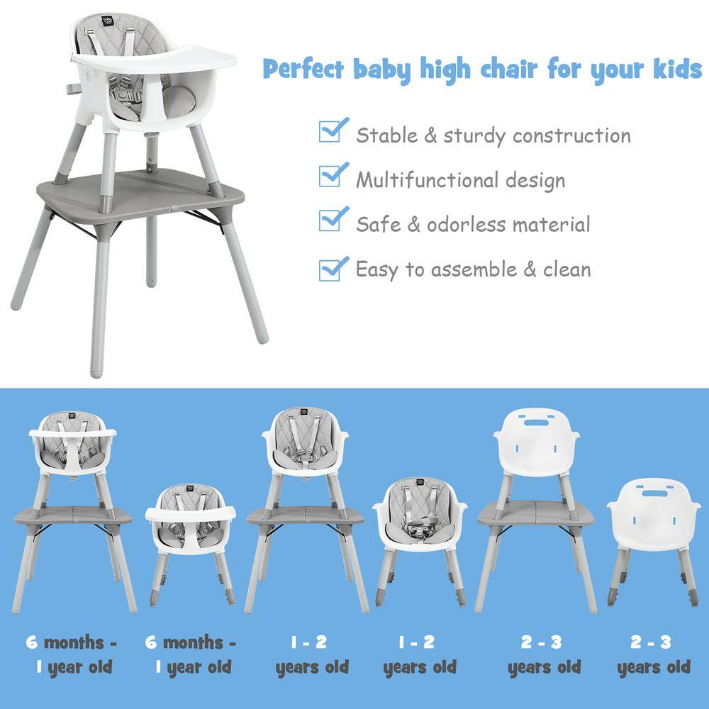 Costway 4 in 1-Baby Highchair Gray Plastic Convertible Toddler Table Chair Set with PU Cushion