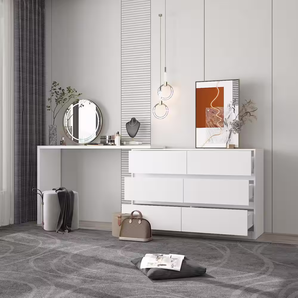 None 6-Drawer L-Shaped Dresser with Rotatable Desk 47.2 in. W x 51.2 in. D x 32.7 in. H