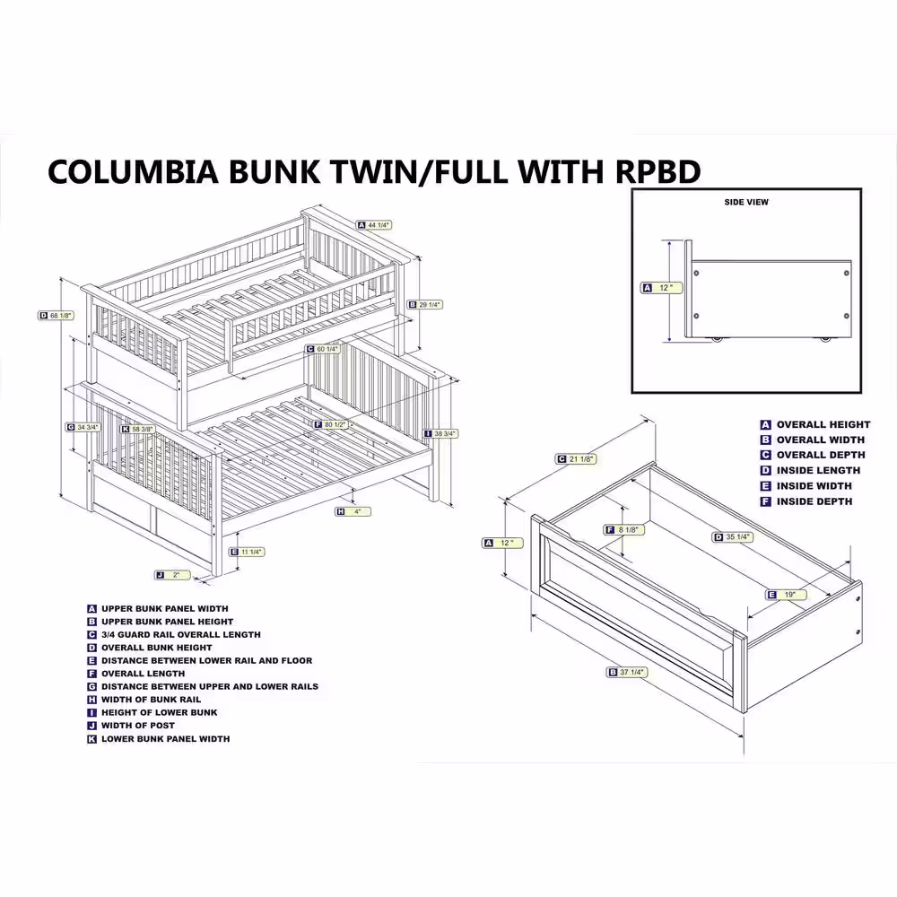AFI Columbia Bunk Bed Twin over Full with 2 Raised Panel Bed Drawers in Walnut
