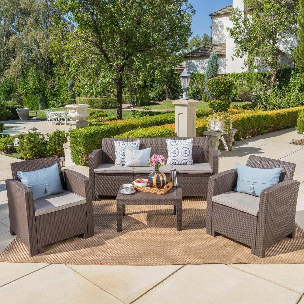 Noble House 4-Piece Faux Wicker Patio Conversation Set with Mixed Beige Cushions