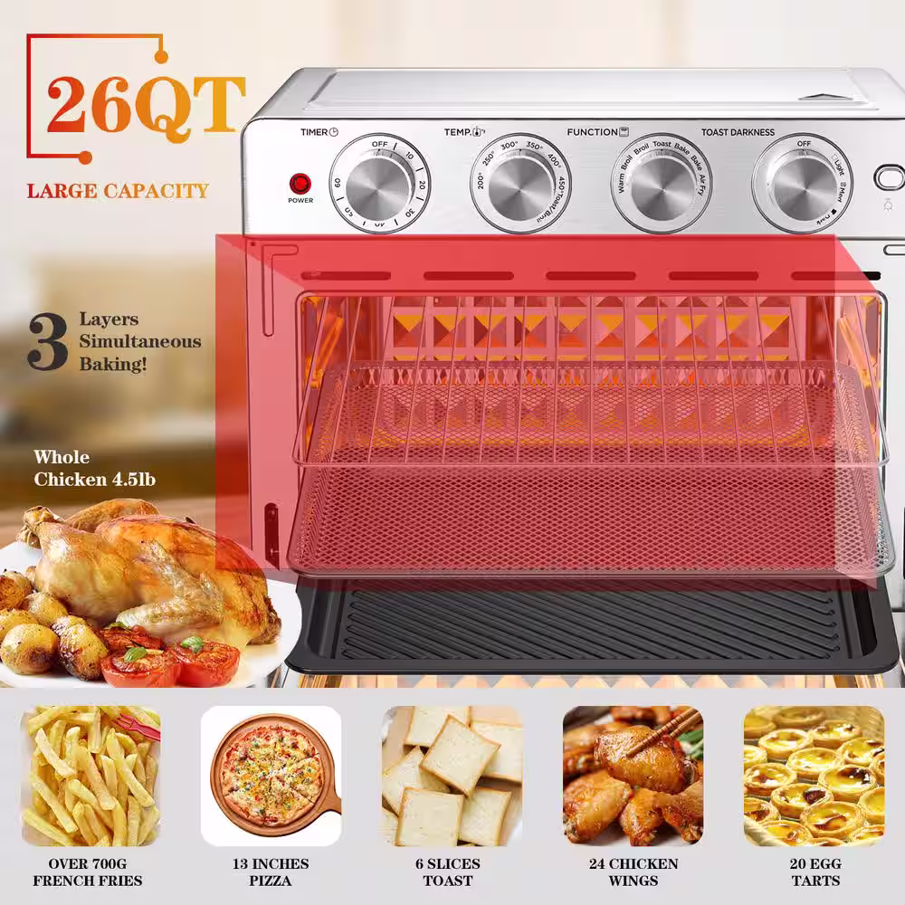 Phivve 26 qt. Stainless Steel Air Fryer, 6-Slice Air Fryer Toaster Oven Combo, Roast, Bake, Reheat, Fry Oil-Free, ETL Listed