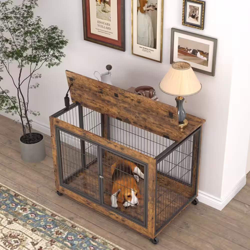 None 38.58 in. W Rustic Brown Furniture Style Dog Crate Side Table on Wheels with Double Doors and Lift Top