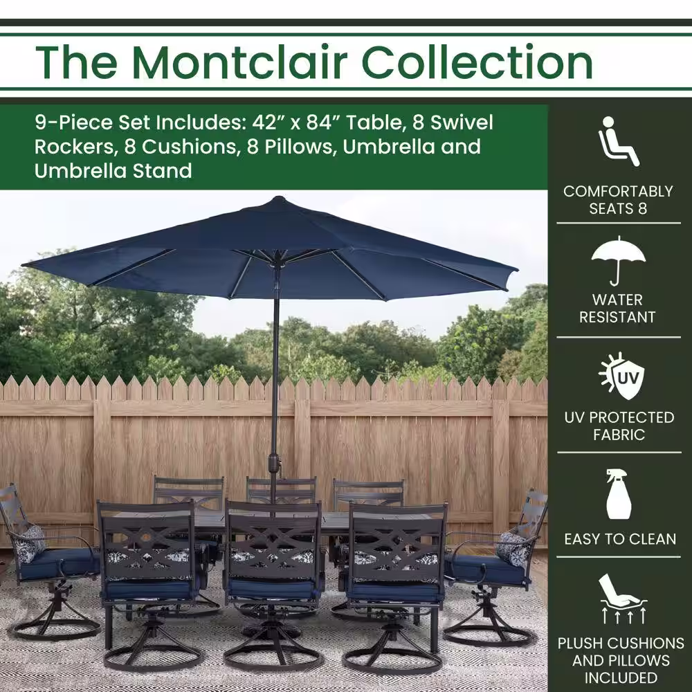 Hanover Montclair 9-Piece Steel Outdoor Dining Set with Navy Blue Cushions, 8 Swivel Rockers, 42 in. x 84 in. Table and Umbrella