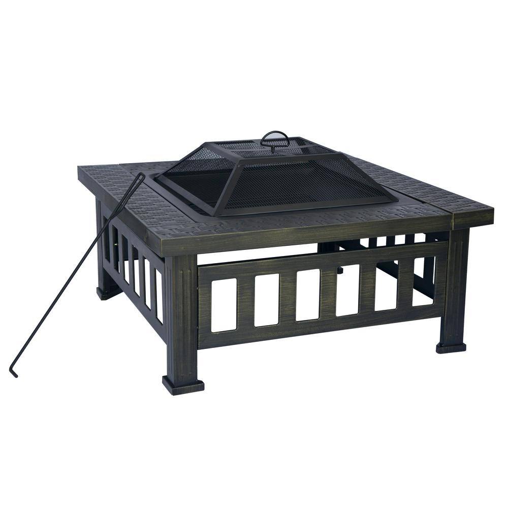 Bond Bali 32 in. W x 22.44 in. H Outdoor Square Powder Coated Steel Wood Burning Fire Pit in Bronze with Grate and Poker