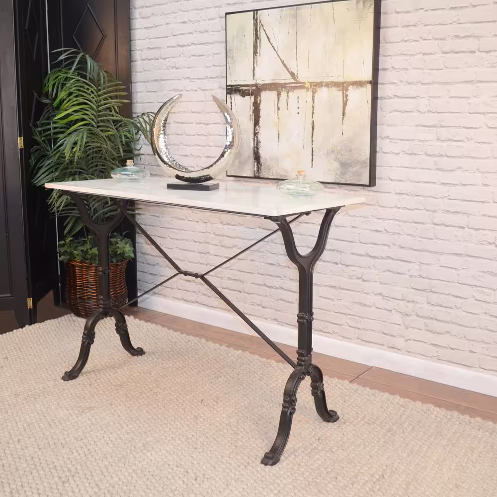 None Vera 42 in. White/Black Standard Rectangle Marble Console Table