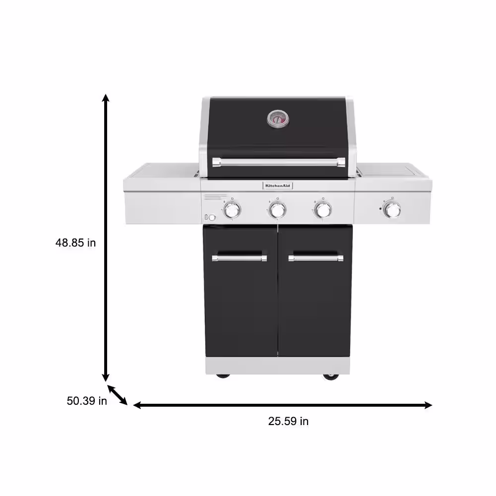 KitchenAid 3-Burner Propane Gas Grill with Searing Side Burner and Silver PDC Side Shelves in Black