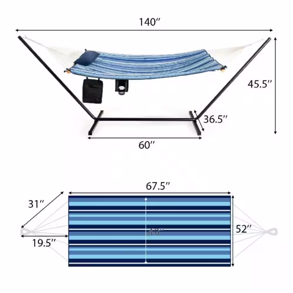 Alpulon 11.5 ft. Blue Fabric Cotton Double Brazilian Standing Hammock Bed with Pillow and Cup Holder