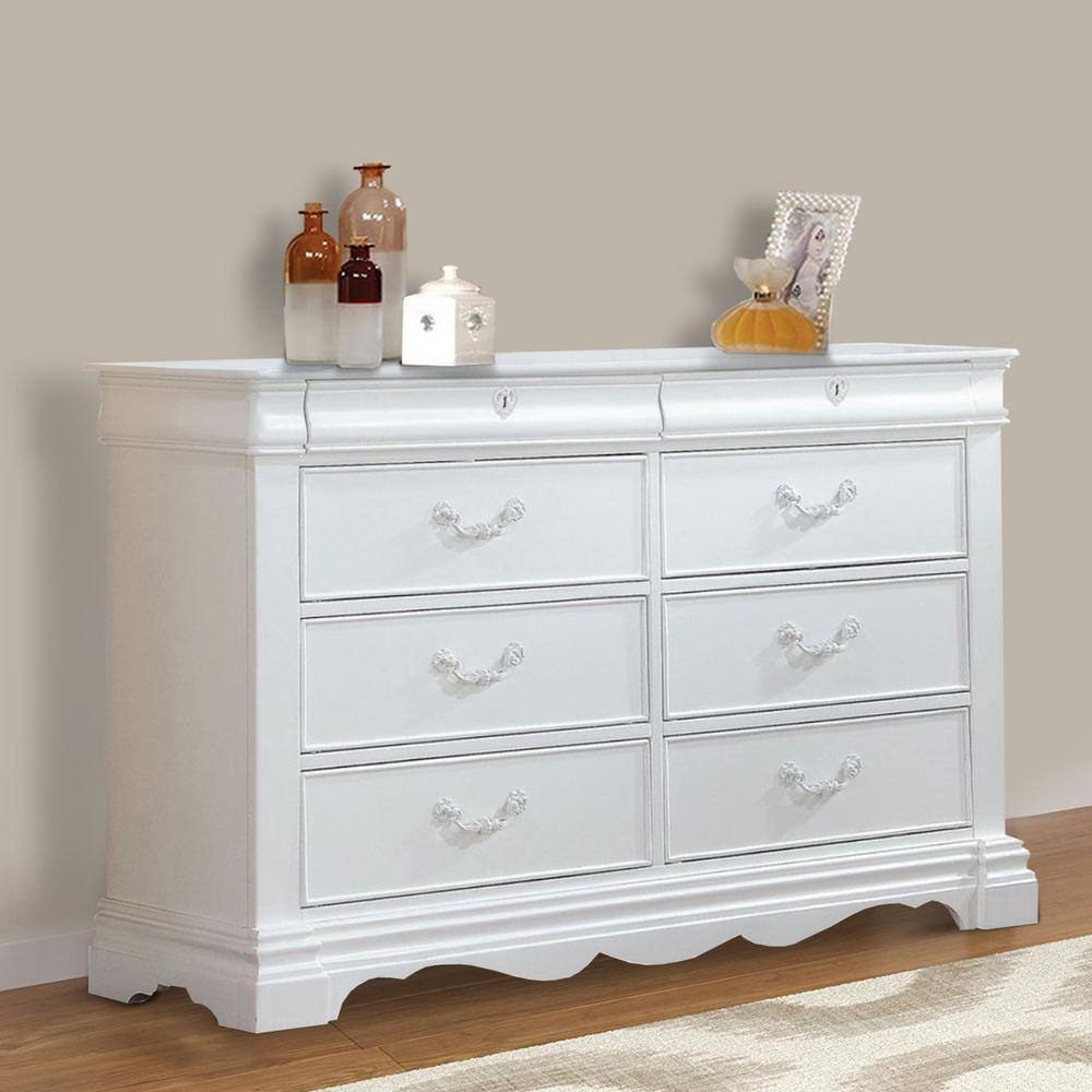 Benjara 8-Drawers White Wooden Dresser with Antique Metal Handles 56 in. L x 15.7 in. W x 37.2 in. H