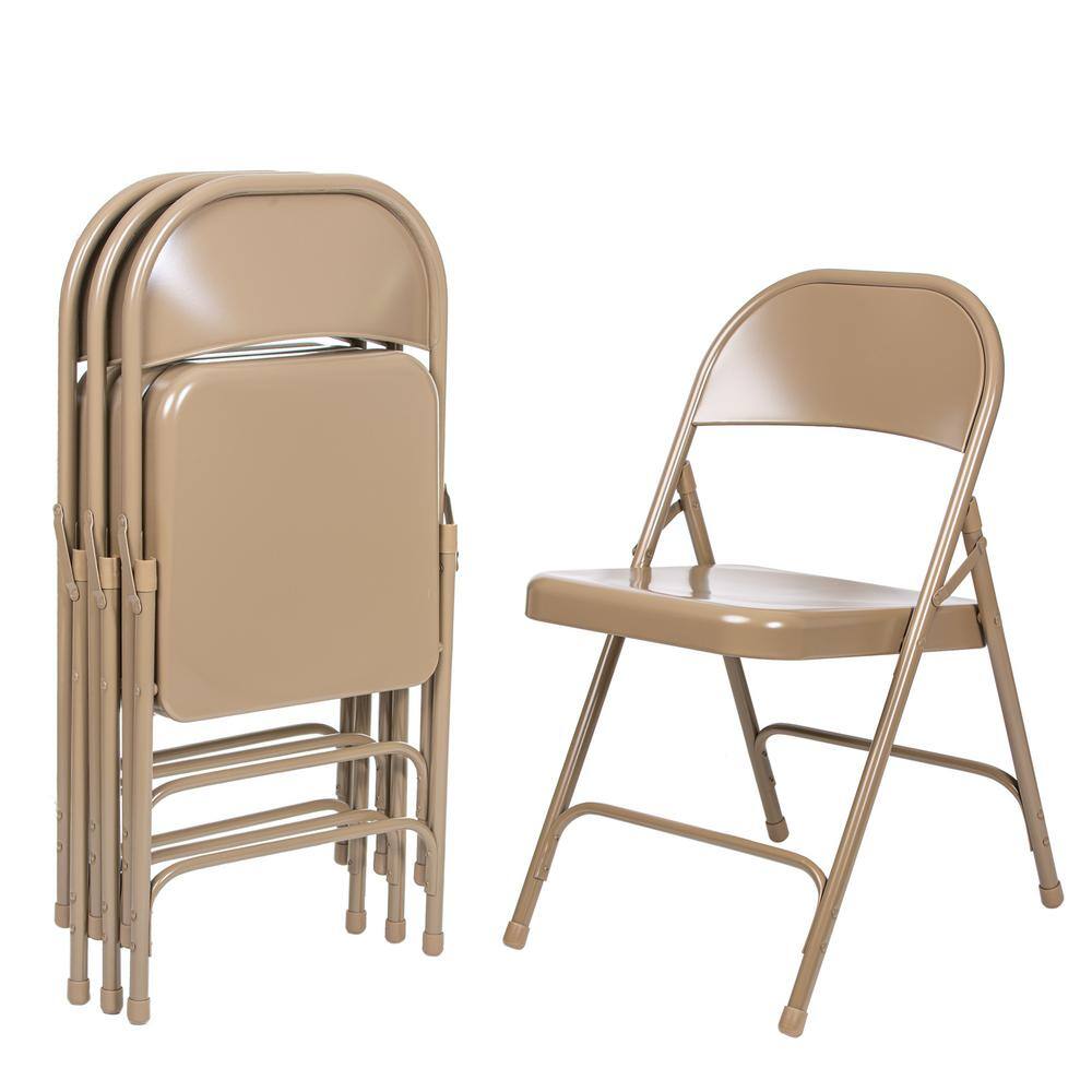 None Bernadine Round-Backed Card Table Folding Chair with Metal Seat, Beige, Pack of 4