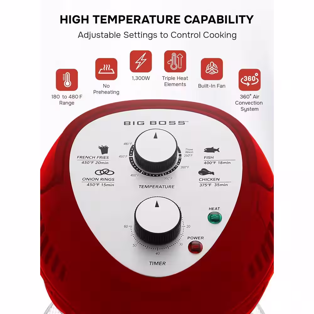 Big Boss 16 Qt. Red Oil-less Air Fryer with Built-In Timer