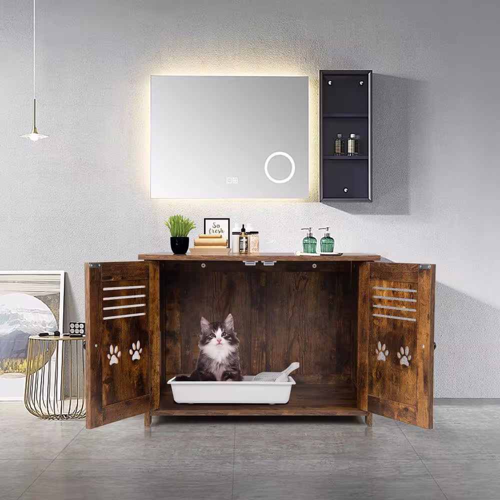 ANGELES HOME Wood 20 in. x 27.5 in. Cat Litter Box Enclosure with Double Louvered Doors and Side Entrance