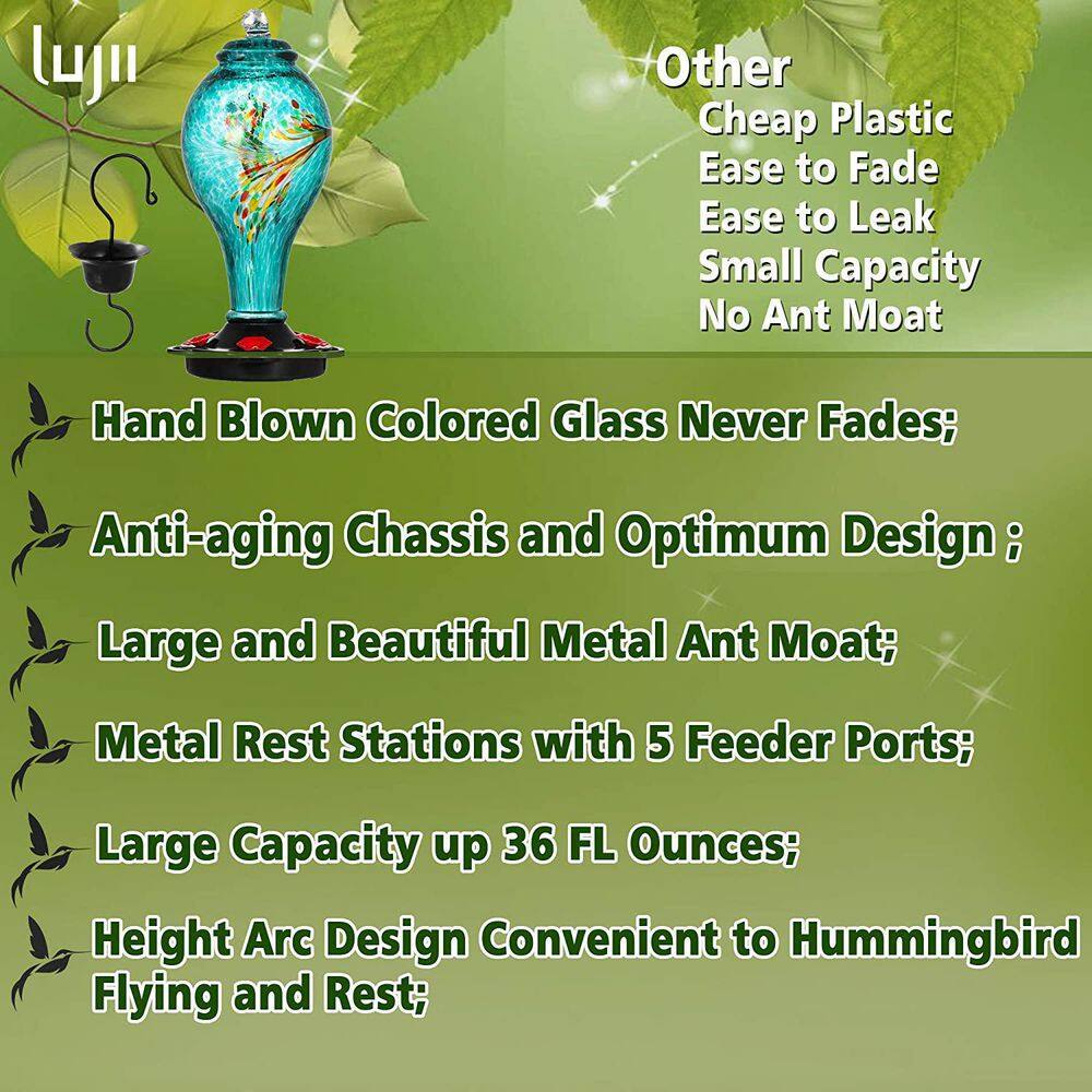 None 11.5 in. Tall Blue Handblown Glass Hummingbird Feeder, Never Fade, 36 Fluid Ounce, 5 Metal Feeding Stations