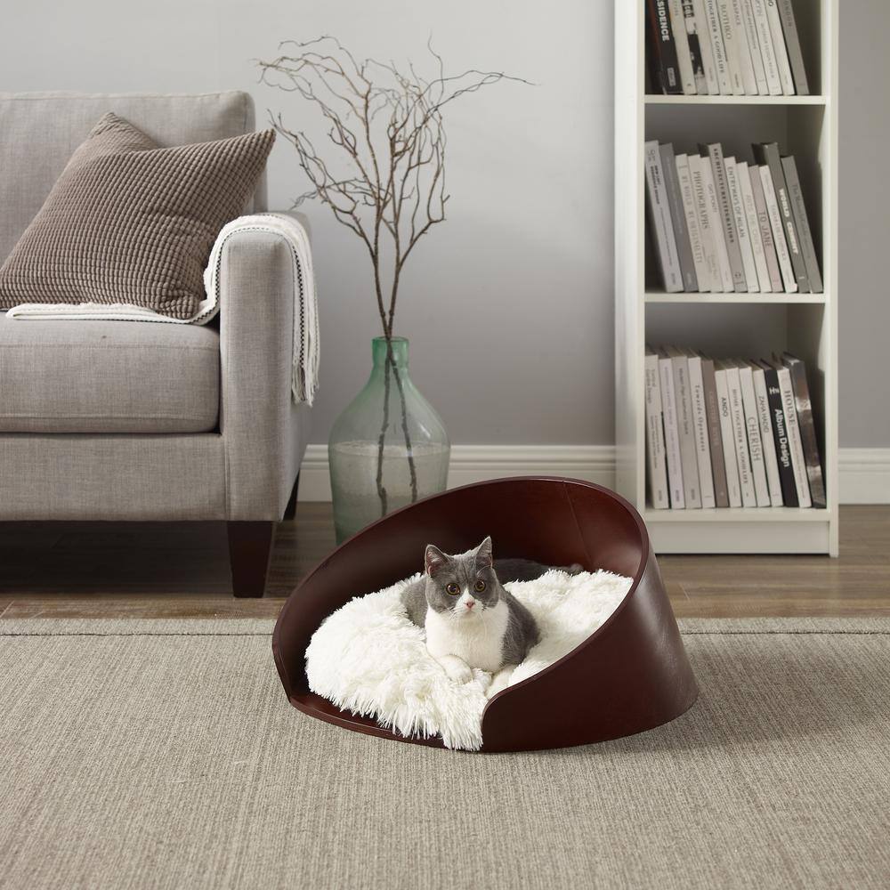 None Kuai Bent Wood Faux Fur Dark Brown Cat Bed Small