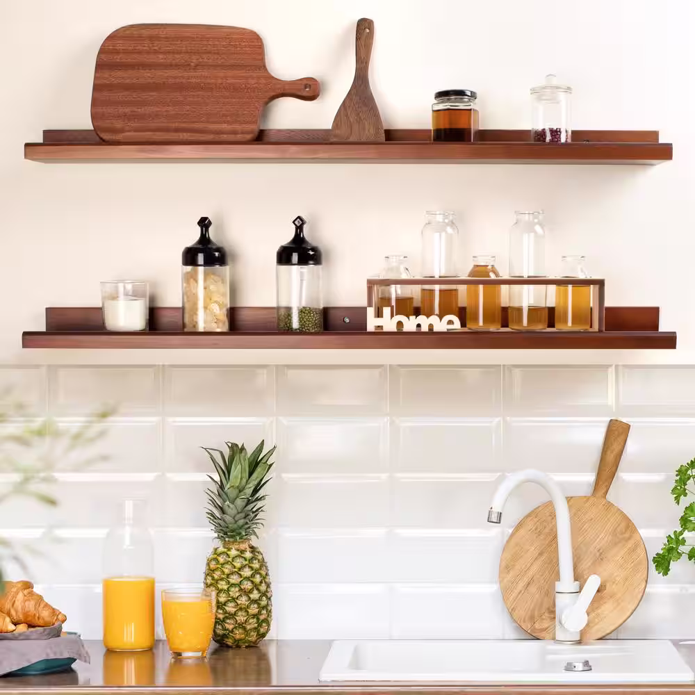 None Floating Shelves Wall Mounted Set of 3,36 in. Cherry Brown Wood Shelves, Wall Storage Shelves with Lip Design