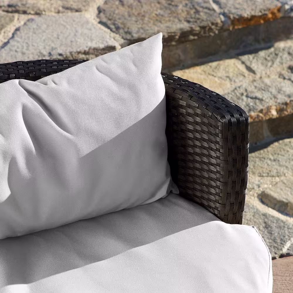 Noble House Kono Black 3-Piece Faux Rattan Patio Conversation Set with White Cushions