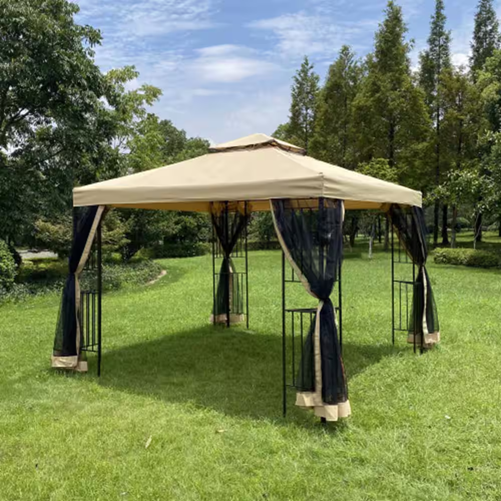 None 10 ft. x 10 ft. Beige Top Patio Gazebo Canopy Tent with Ventilated Double Roof and Mosquito Net