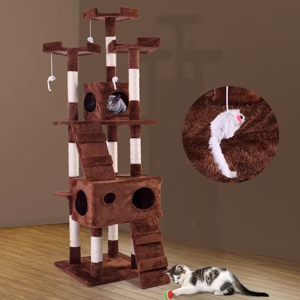 COZIWOW 67 in. Cat Tree Brown Tower Condo Soft Flannel Covered