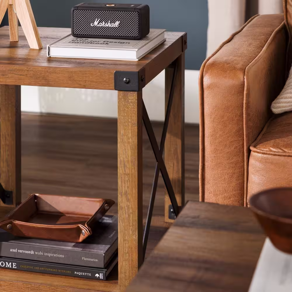 Walker Edison Furniture Company Urban Industrial 18 in. Rustic Oak Square Metal X Accent Side Table with Lower Shelf