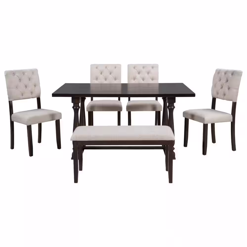 Harper & Bright Designs 6-Piece Espresso Wood Top Dining Table and Chair Set with Special-Shaped Legs and Foam-Covered Seat Backs Cushions