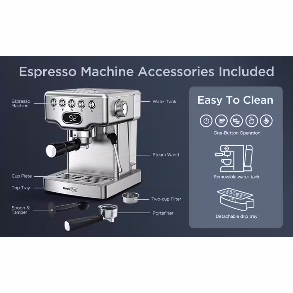 None 2- Cup Silver 20 Bar Espresso Machine with Milk Frother, 1.8L Water Tank, Stainless Steel