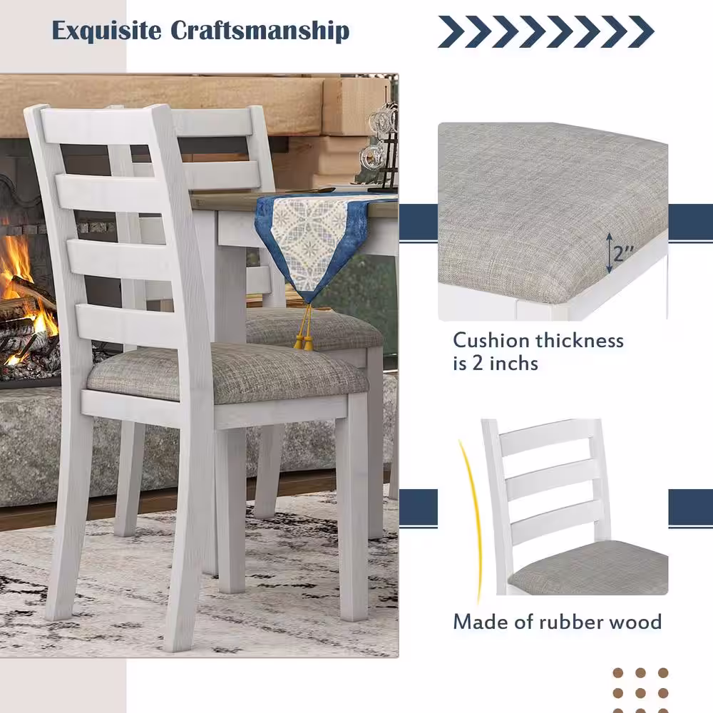 Harper & Bright Designs Rustic Style 6-Piece White Solid Wood Dining Set with 4-Upholstered Chairs and Bench