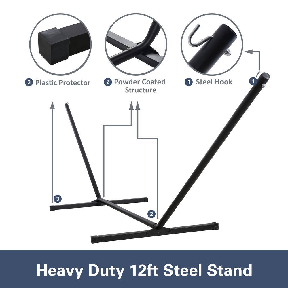 None 10 ft. x 12 ft. Quilted Rope Hammock and 12 ft. Steel Hammock Stand with Detachable Pillow, Blue Pattern